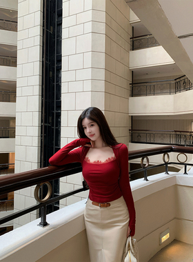 THE SWAN司凰轻奢 红气养人 姐姐蕾丝花边百搭针织上衣小羊皮半裙