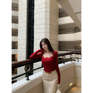 姐姐蕾丝花边百搭针织上衣小羊皮半裙 红气养人 THE SWAN司凰轻奢