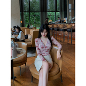 SWAN司凰轻奢 娇柔套装 纯欲网纱印花修身 THE 上衣 包臀半身裙女