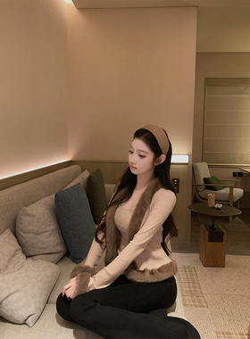 THE SWAN司凰轻奢 拼接毛毛门襟撞色针织开衫修身内搭上衣两件套