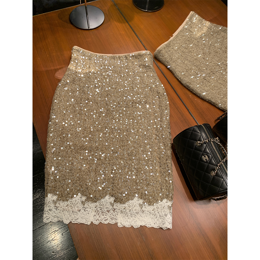 感觉至上针织蕾丝亮片半身裙