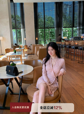 THE SWAN司凰轻奢 围裹式收腰显瘦茶歇裙法式优雅气质蕾丝连衣裙