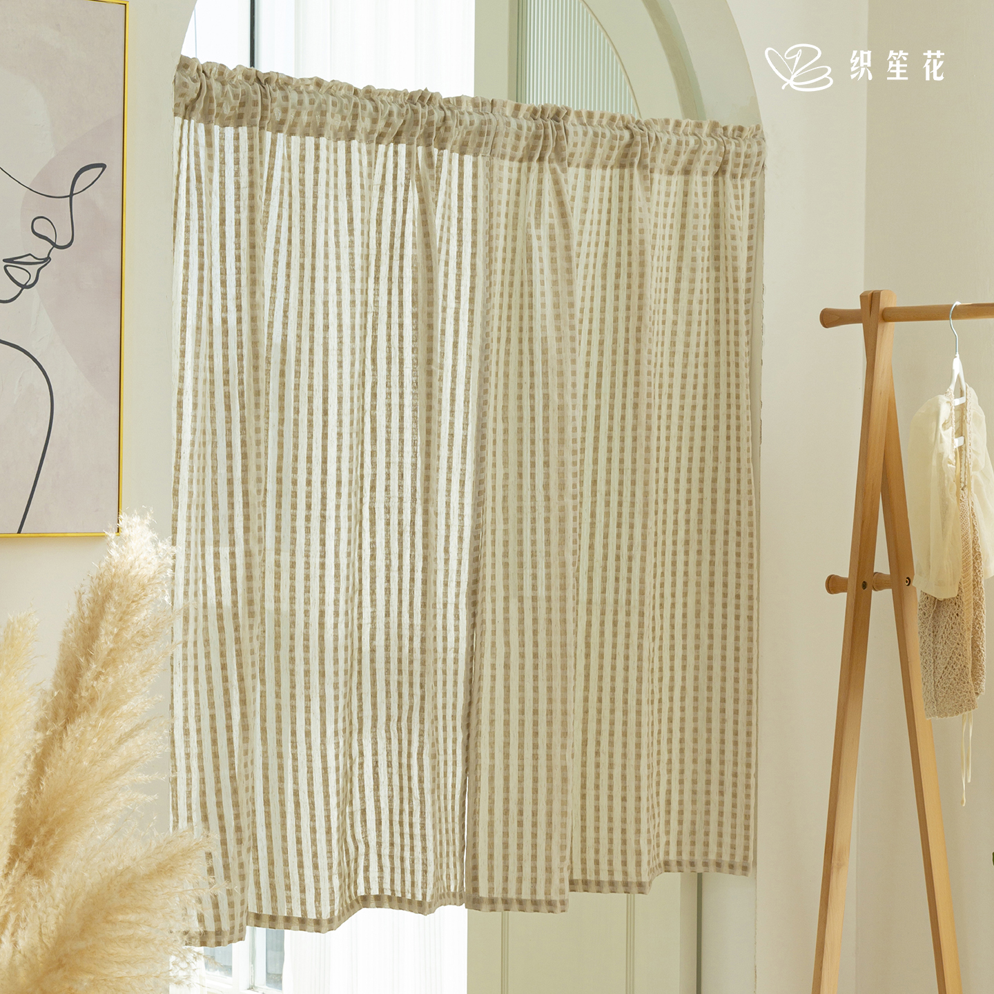 织笙花温柔慵懒风棉麻条纹门帘家居简约透气半帘半截小门帘遮挡帘