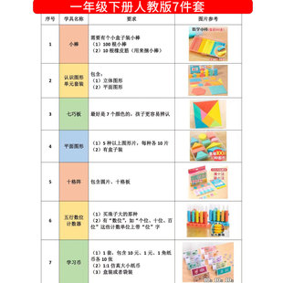 一年级下册人教版数学教具全套数数棒七巧板几何片十格阵学习钱币