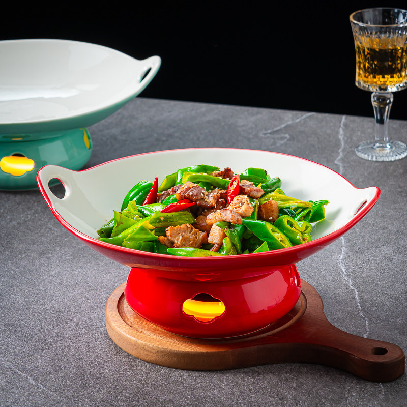 酒店明炉餐具干锅蜡烛加热保温菜盘陶瓷双耳小炒肉盘子商用加热炉