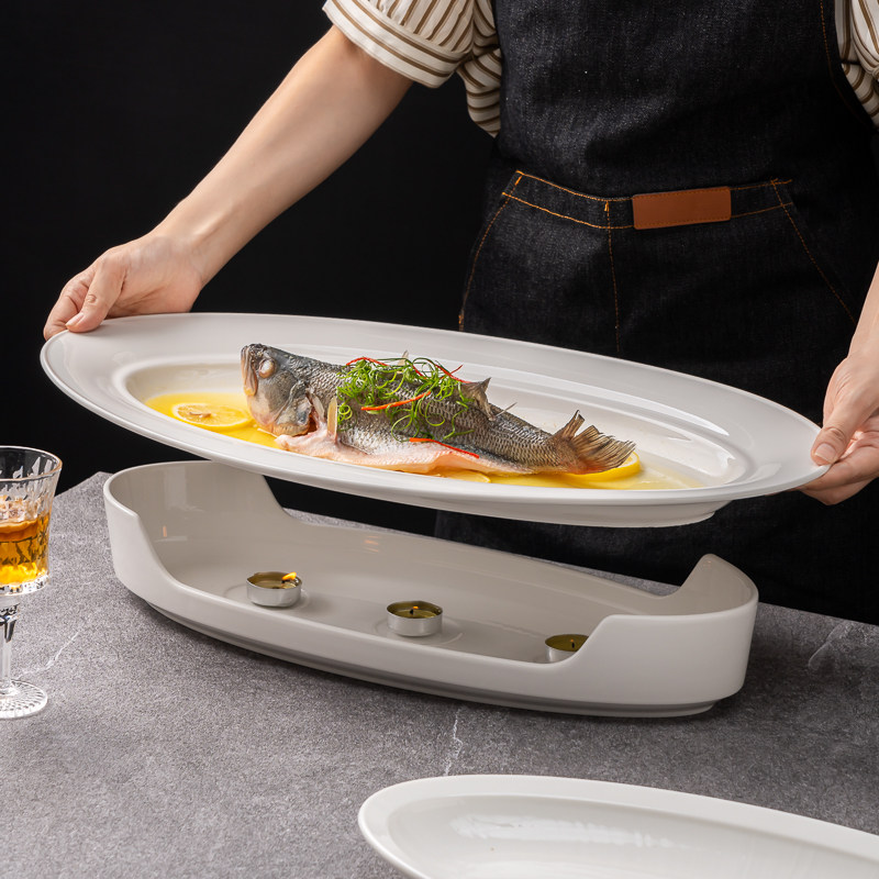 加热鱼盘炉超大号酒店创意明炉餐具私房菜专用保温鱼盘家用鱼碟盘