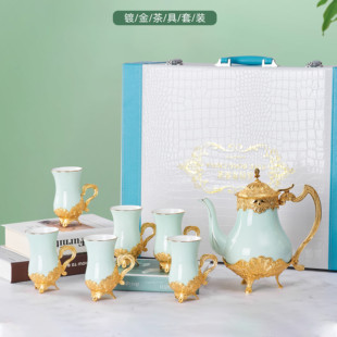 锡合金镂花工艺骨瓷壶 宫廷轻奢奶茶壶咖啡陶瓷壶俄罗斯风格