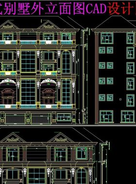 室外建筑欧式法式风格别墅农村自建房外墙建筑外立面图CAD施工图