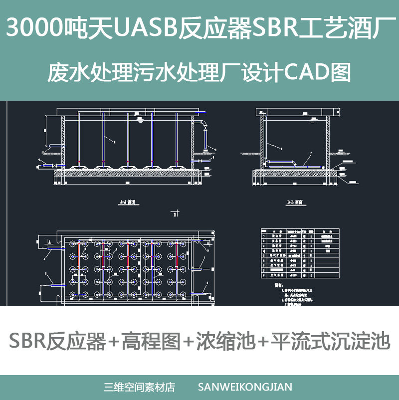 酒厂废水处理污水工艺3000吨天uasb高程图sbr平流式沉淀池cad图纸
