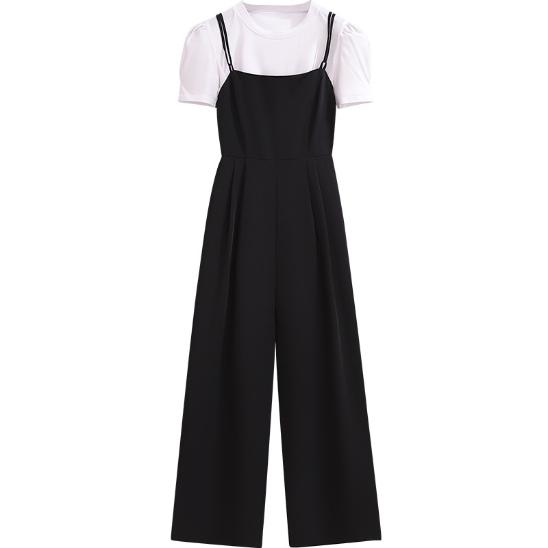 休闲背带裤女夏季薄款裤子新款高腰垂感吊带阔腿连体裤套装显瘦