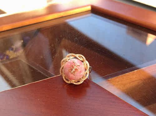 樱花粉平安扣天然舒俱来18k金钻豪华镶嵌蝴蝶戒指