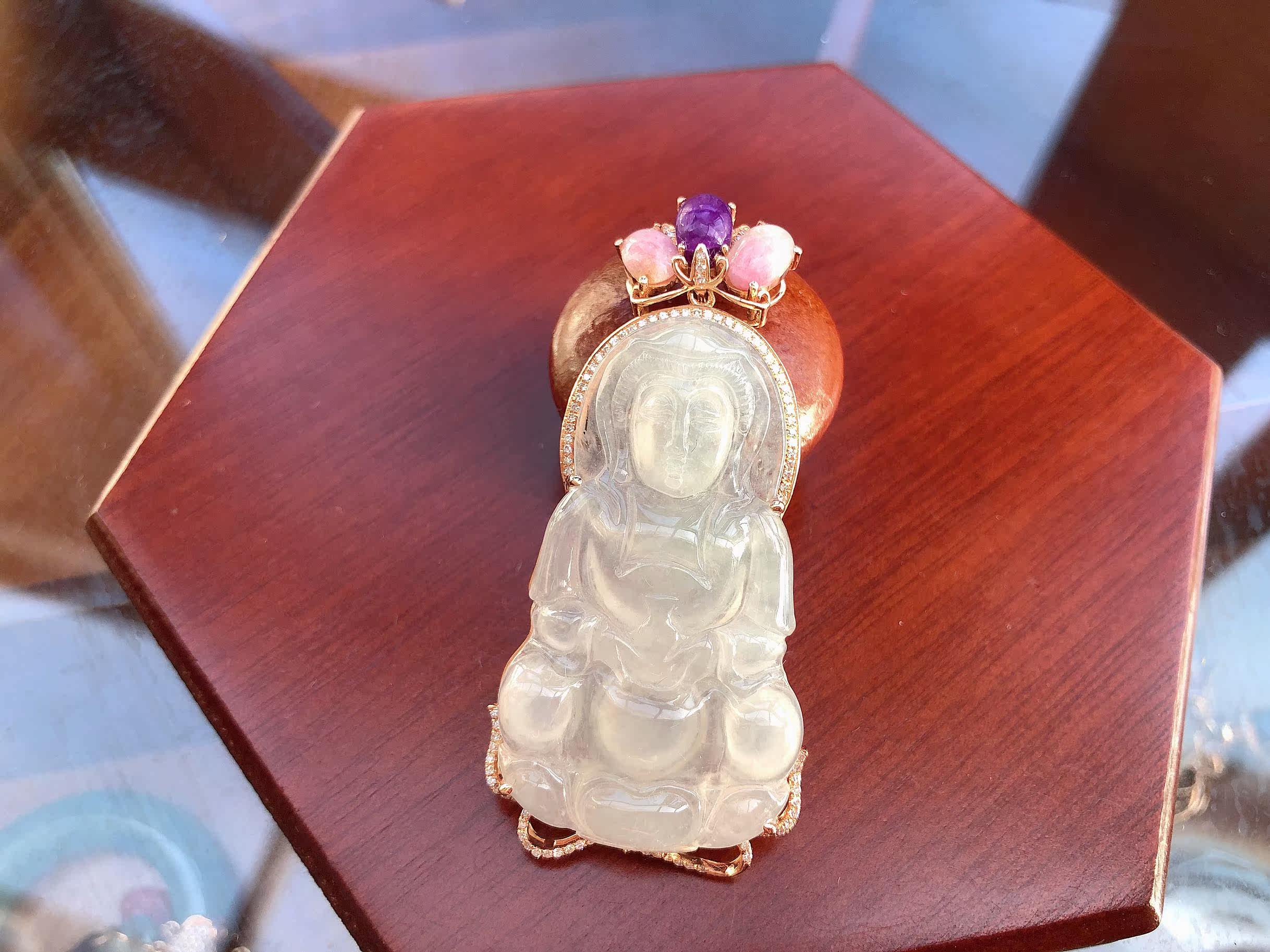 18K玫瑰金冰糯种观音女款吊坠颈饰