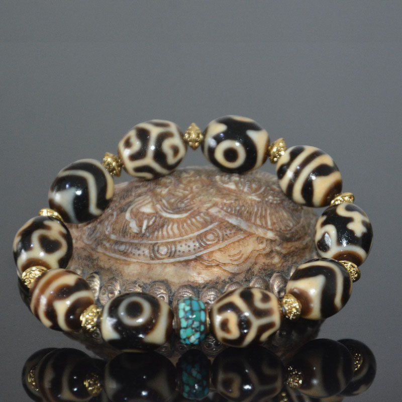 九秘坊达洛三眼虎牙莲花天珠手链民族风天然水纹宝瓶玛瑙珠子