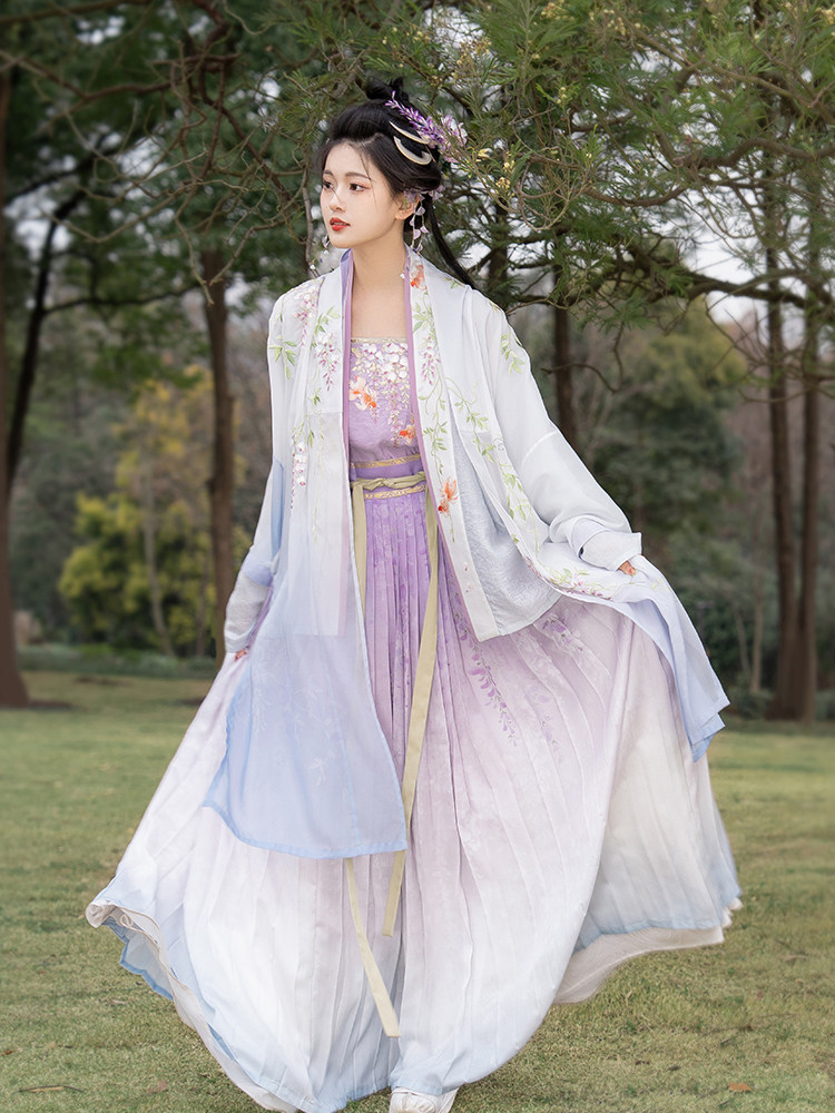 HITOMI WAN HANFU 플로팅 스트레이트 칼라 더블 옆을 터 놓은 부분 비행기 슬리브 짧은 셔츠 서스펜션 그라데이션 바이두 스커트 다목적 2023 봄 신상품