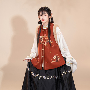 瞳莞原创汉服熊果果2.0圆领刺绣短比甲秋冬日常加厚保暖毛绒