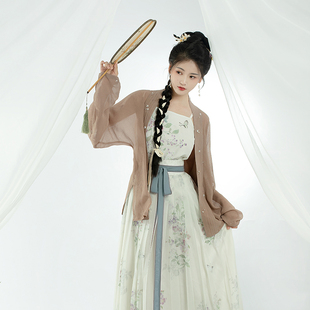 薄款 瞳莞原创设计汉服女丁香茶真丝飞机袖 素褶裙夏季 改良汉元 短衫