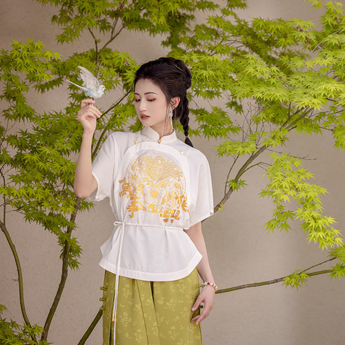 瞳莞汉服2024竖领短袖衬衣新中式高腰百搭万事兴龙宽松