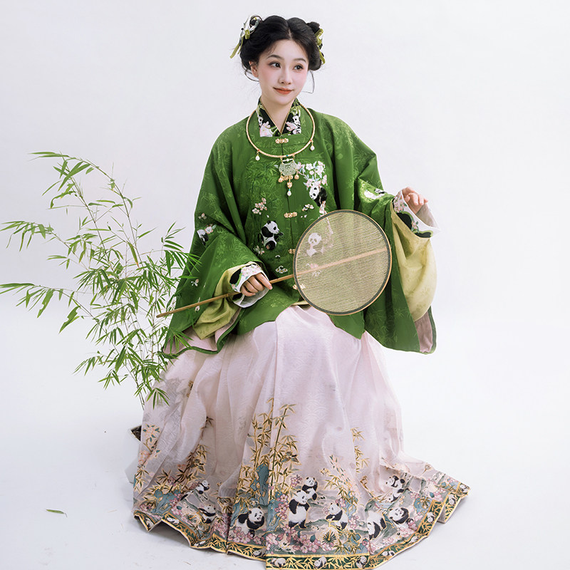 瞳莞汉服重工刺绣熊猫一班方领对襟大袖短袄/直领对襟大袖短衫