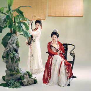 瞳莞设计花月侬歌乐图印金刺绣直领对襟窄袖长褙子百迭裙汉服女