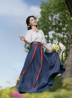 瞳莞汉服青山远夏季女圆领半袖短衫齐腰九片裙百搭显瘦亲肤新品