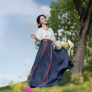 齐腰九片裙百搭显瘦亲肤新品 短衫 女圆领半袖 瞳莞汉服青山远夏季