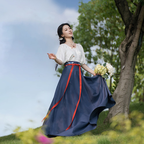 瞳莞汉服青山远夏季女圆领半袖短衫齐腰九片裙百搭显瘦亲肤新品