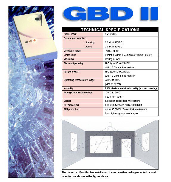 고품질 GBD-II 유선 유리 파손 감지기 진동 경보 진동 오디오 복합 유도 권장