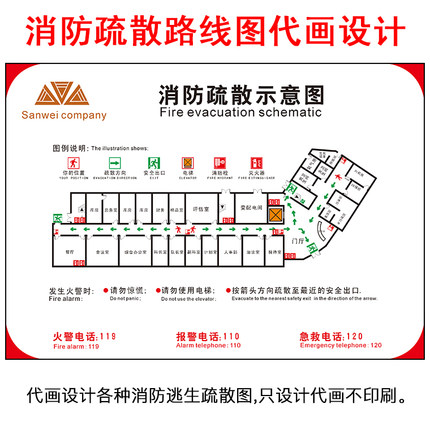 设计代画消防安全示意图加设计紧急逃生疏散图应急平面图标识牌