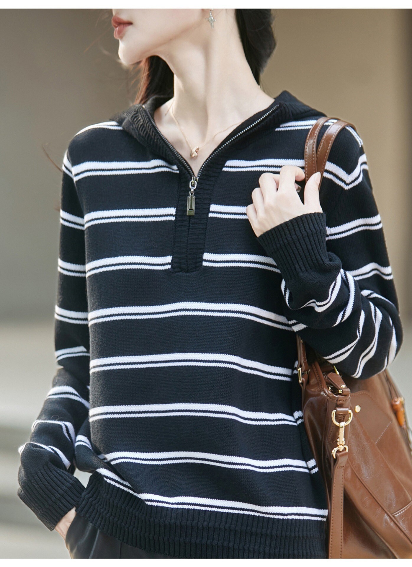 连帽半拉链条纹纯棉针织衫女长袖套头毛衣宽松春秋新款针织帽衫图片