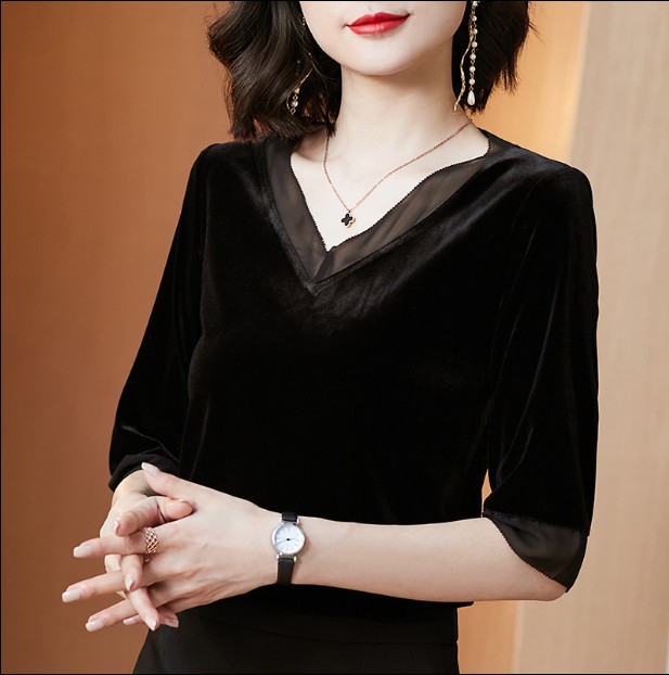 秋季新款V领短袖高端金丝绒T恤拼接气质显瘦时尚洋气上衣女打底衫