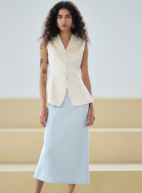 mytopbuyer/BNPS 原创设计 修身春夏V领无袖上衣米色珠光褶褶马夹