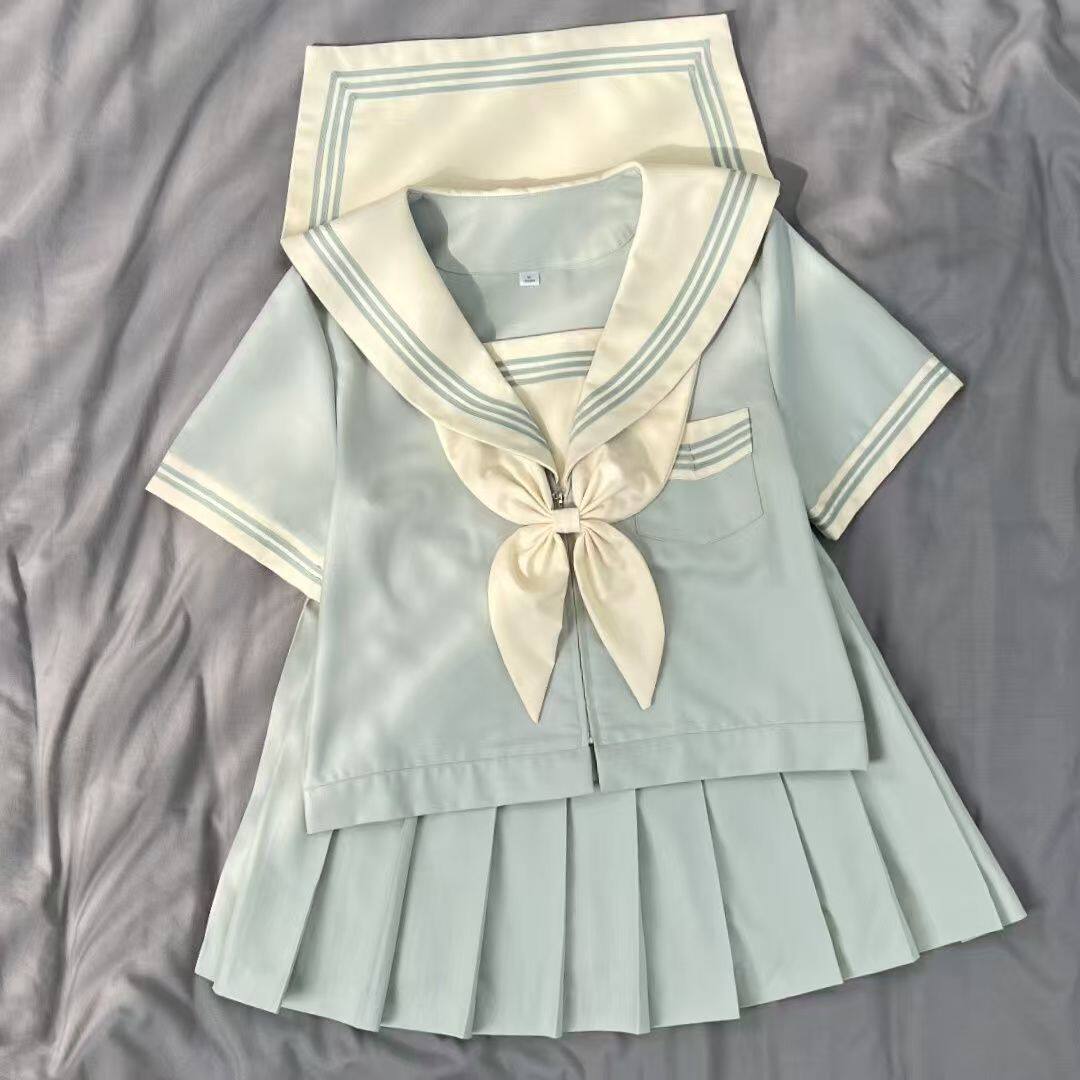 薄荷绿三本学院风水手服短袖套装