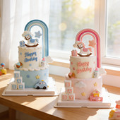 网红烘焙生日蛋糕装 饰摆件摇摇木马宝宝百天满月彩虹甜品台插件