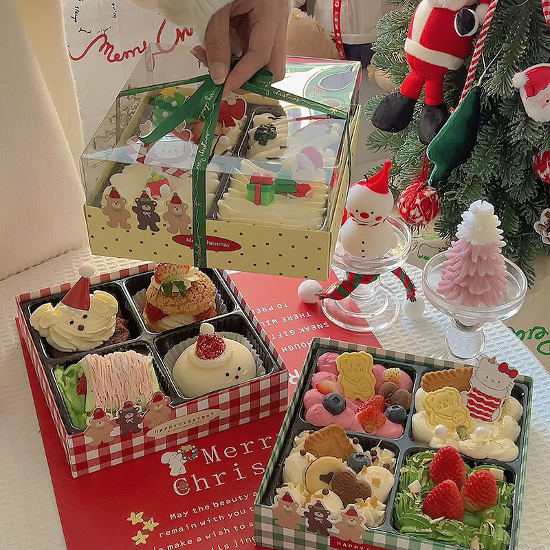 包邮圣诞节四宫格蛋糕打包盒烘焙四拼甜品小蛋糕格子小熊盒子插件,节庆用品/礼品,蛋糕/烘焙装饰用品,淘宝优惠券,粉丝福利购,淘宝优惠卷