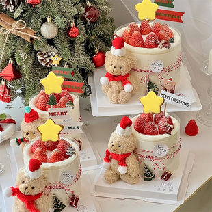 圣诞节毛绒小熊蛋糕装饰摆件可爱卡通圣诞帽围巾泰迪熊挂件插件