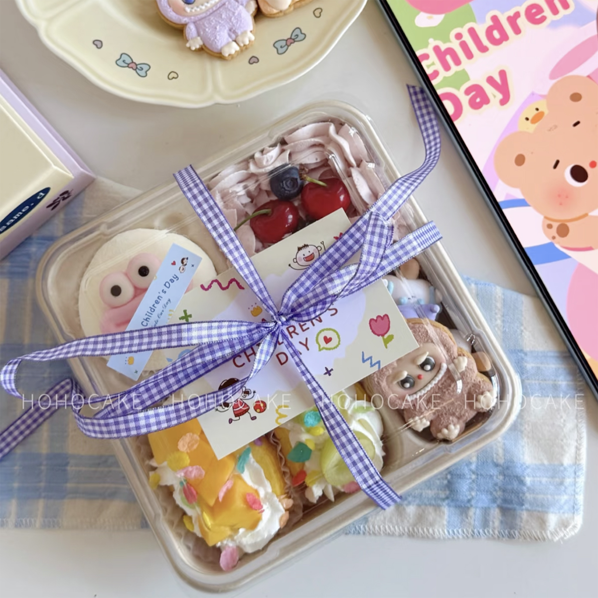 包邮六一儿童节甜品蛋糕雪媚娘饼干小礼盒便当盒打包盒格子丝带