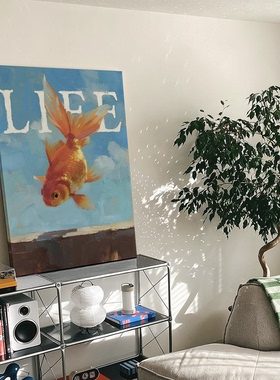 厚涂肌理蓝天云朵橙色金鱼LIFE装饰画治愈清新客厅玄关墙面挂画