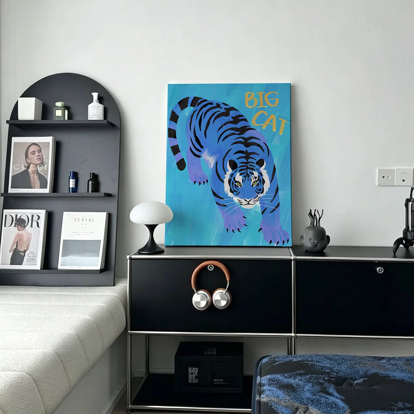 蓝色老虎装饰画BIGCAT艺术现代客厅挂画北欧肌理油画玄关桌面摆画