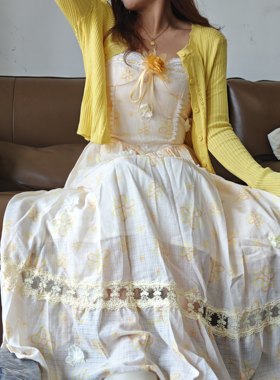 撤柜秋款甜美风碎花吊带连衣裙套装女防晒罩衫收腰减龄长裙 30534