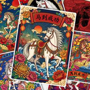 马年中国风插画临摹卡儿童创意美术明信片马克笔插画绘画新春吉祥