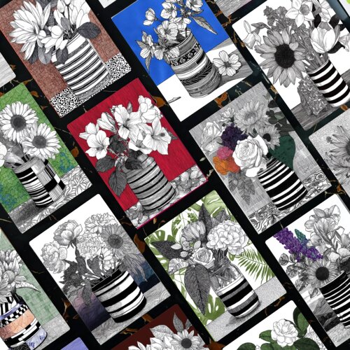 线描高级花卉临摹卡儿童创意美术明信片马克笔线描色彩花卉植物图