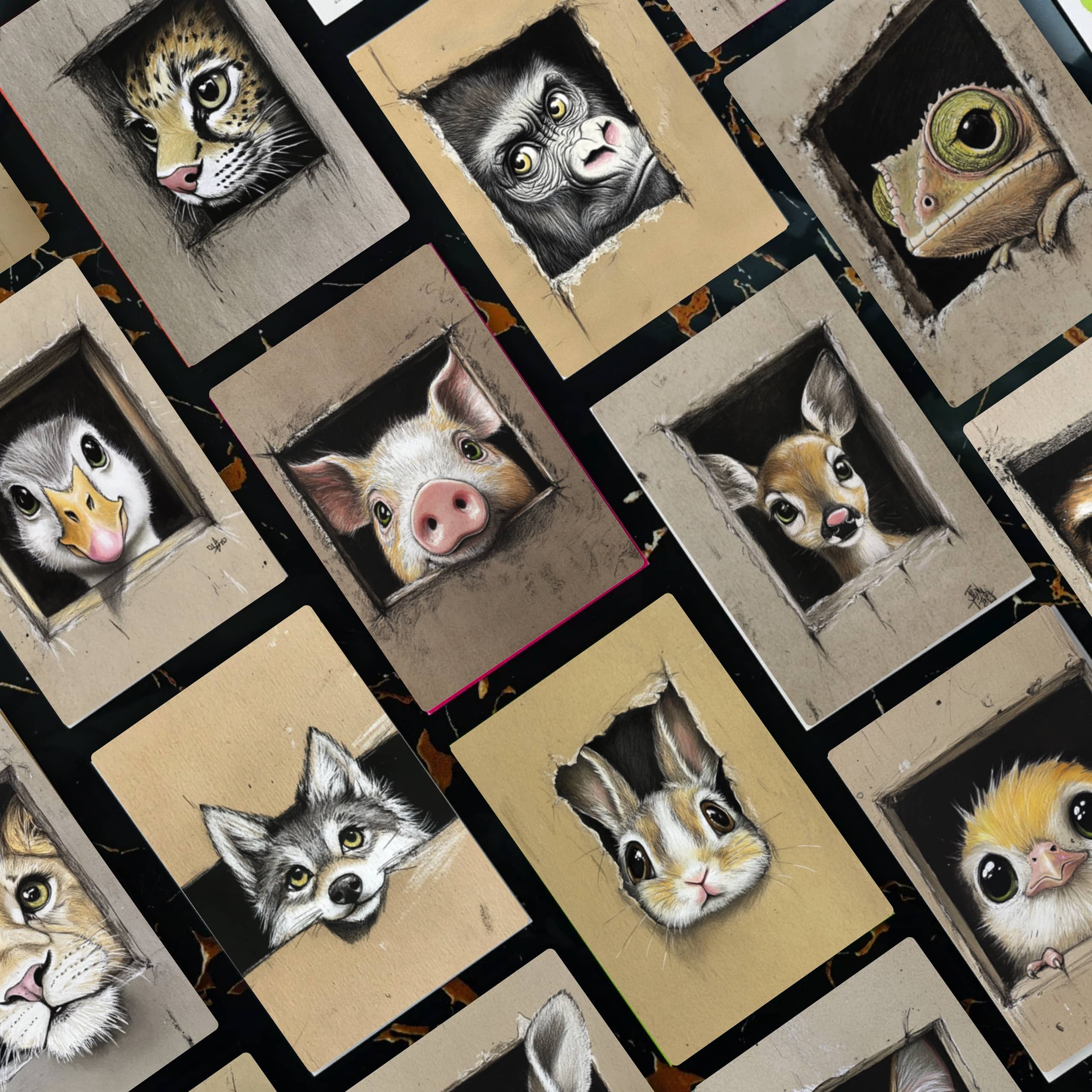 窗中创意动物临摹卡儿童创意美术明信片创意动物场景临摹范图画室