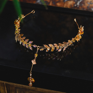 喜看香槟金渐变额链发箍新娘结婚新中式秀禾配饰汉服古装盘发饰品