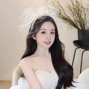 喜看手作遮面亮片短款 蝴蝶结头纱网纱发箍森系超仙新娘结婚头饰品