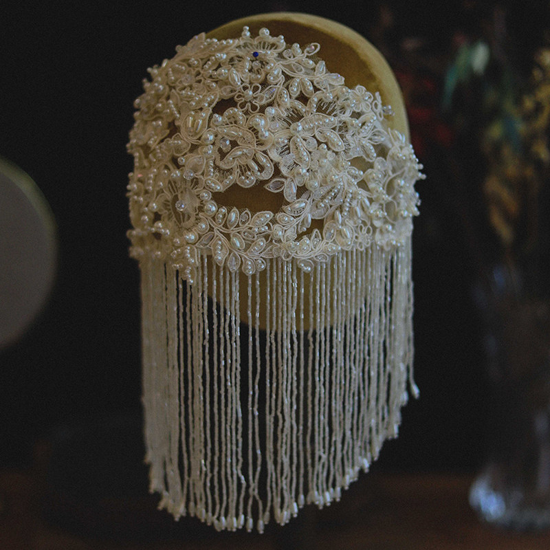 重工手作串珠流苏后区盘发配饰新娘结婚复古森系婚纱礼服写真头饰