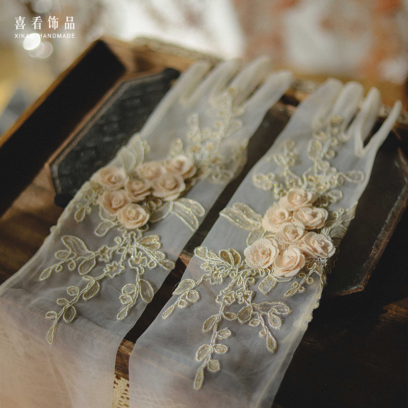 原創手作復古花瓣長款蕾絲手套