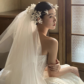 喜看手作白色花瓣拖地头纱新娘结婚重工婚纱礼服写真旅拍跟妆饰品