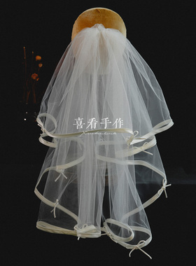 手作唯美白色蝴蝶结韩式头纱