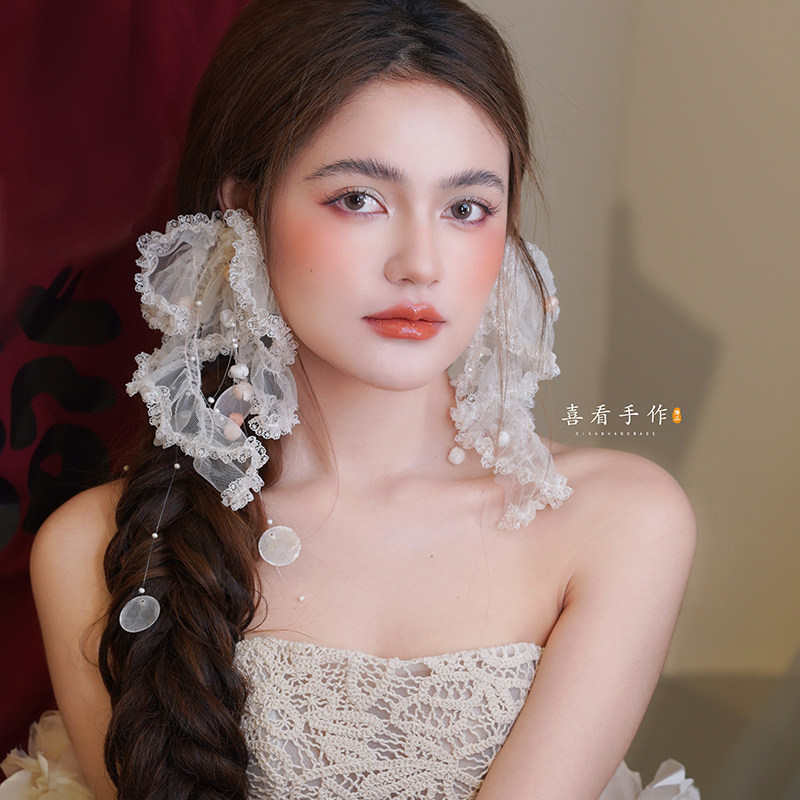 喜看造型宁宁老师推荐手作蕾丝贝壳长款耳夹新娘结婚法式复古饰品