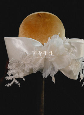 手作唯美白色缎面蝴蝶结头饰